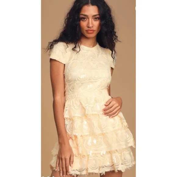 LULUS Worth the Wait Cream Sequin Ruffled Mini DrCream Sequin Ruffled Mini Dress - Picture 2 of 7